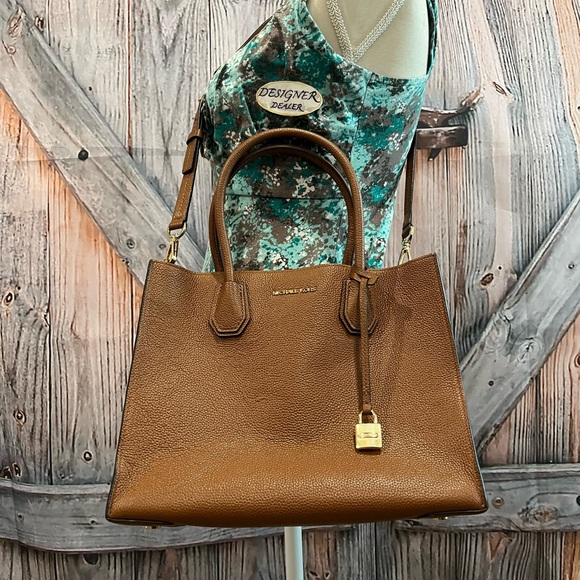 Authentic Michael KORS Mercer Luggage Brown Leather Satchel Crossbody GUC! - Picture 3 of 13
